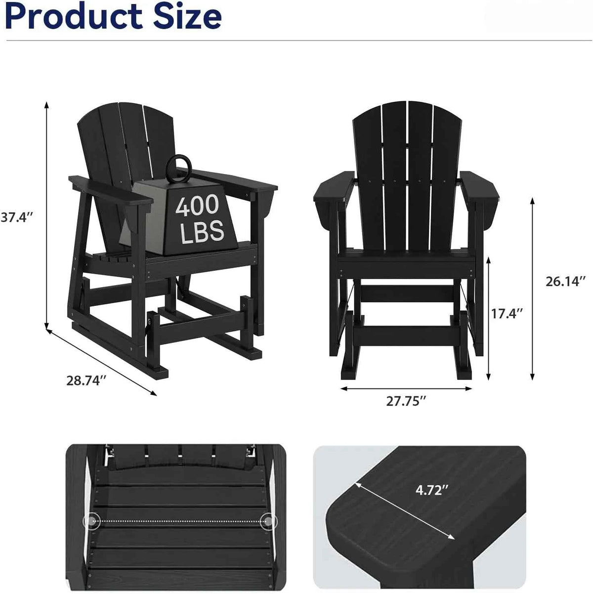 Aoxun HDPE Patio Rocking Chairs, Outdoor Porch Glider Chair Set of 1 Wood Like Wide Seat Black