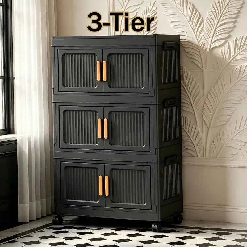 3/4/5-Tier 19.67in Width Foldable Double Door Storage Cabinet with Top Lid, Stackable Interlocking Plastic Organizer on Lockable Rolling Wheels, No Assembly
