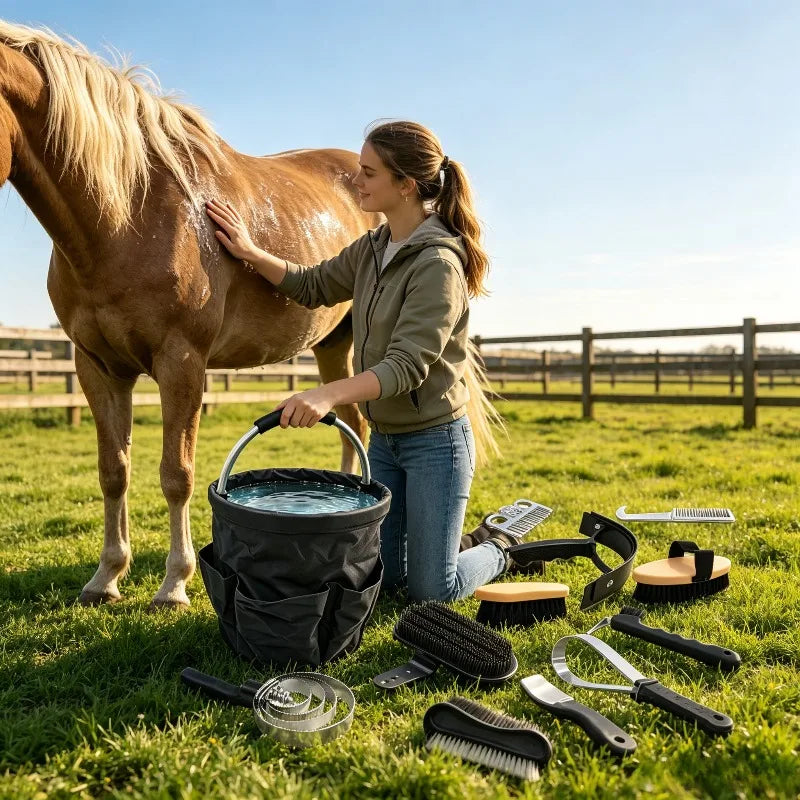 12 PCS Horse Grooming Kit, Large Capacity Foldable Storage Bucket, Horse Brush, Comb, Sweat Scraper, Hoof Pick Set for Care Cleaning
