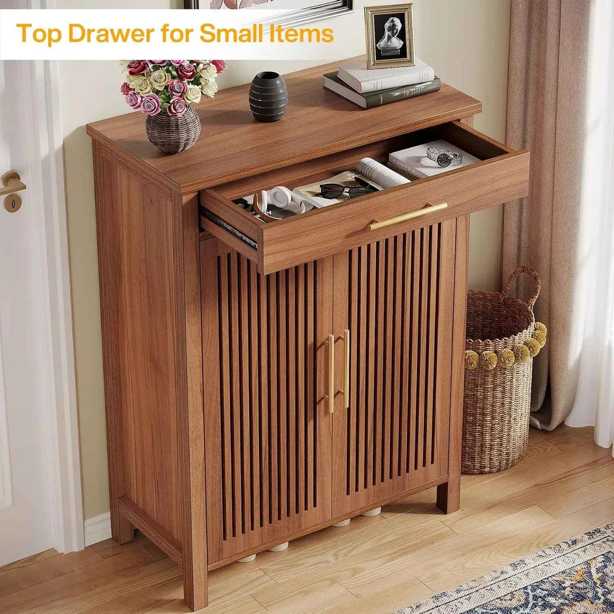 5-Tier Freestanding Shoe Cabinet.  Wooden Shoe Storage Organizer with Louvered Doors And Drawer. Customizable