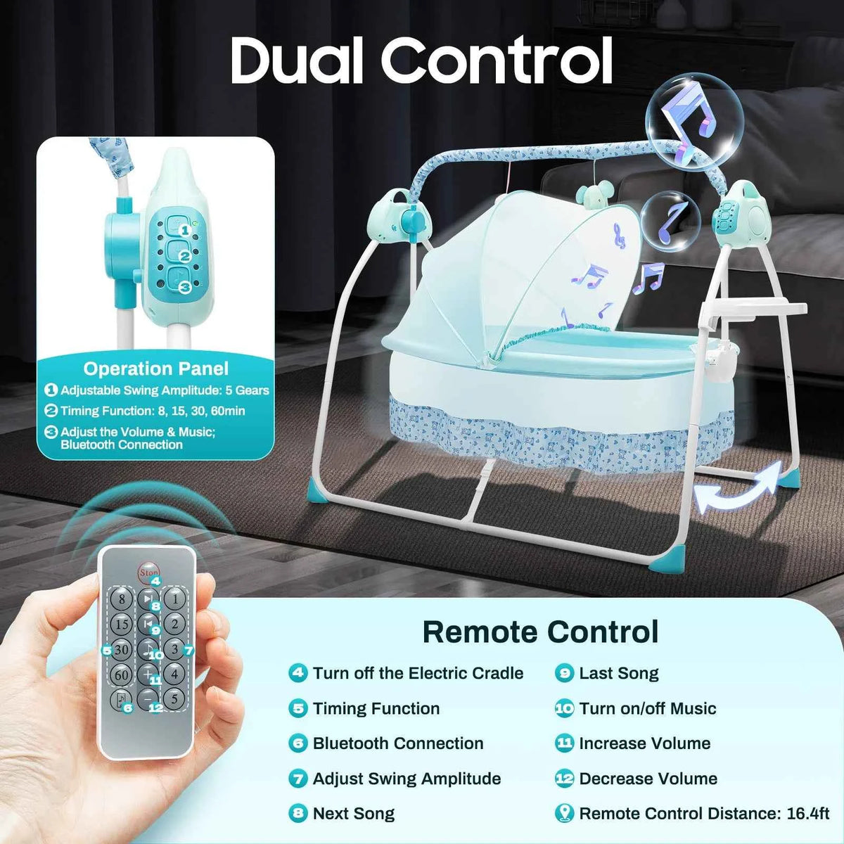 Cradle Swing or Sleeping Bed with Auto Rocking, 5 Speeds.  Stand Baskets. Bluetooth for Music.  Sleeping Basket for  0-18 Months