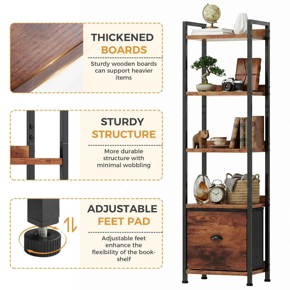 MCQ 5 Tiers Metal Classic Bookshelf with Drawer.  Freestanding Tall Display Shelving. Sturdy Structure. Graduated Shelves