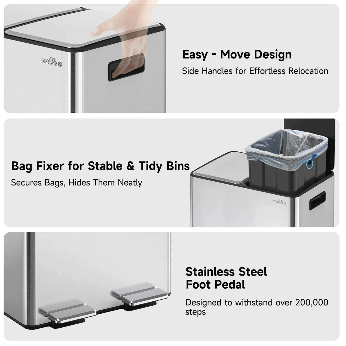 mVm Trash Can Stainless 60L/40L/45L Kitchen Step Trash Bin for Recycling Waste Sorting Soft Close Lid Double Lid