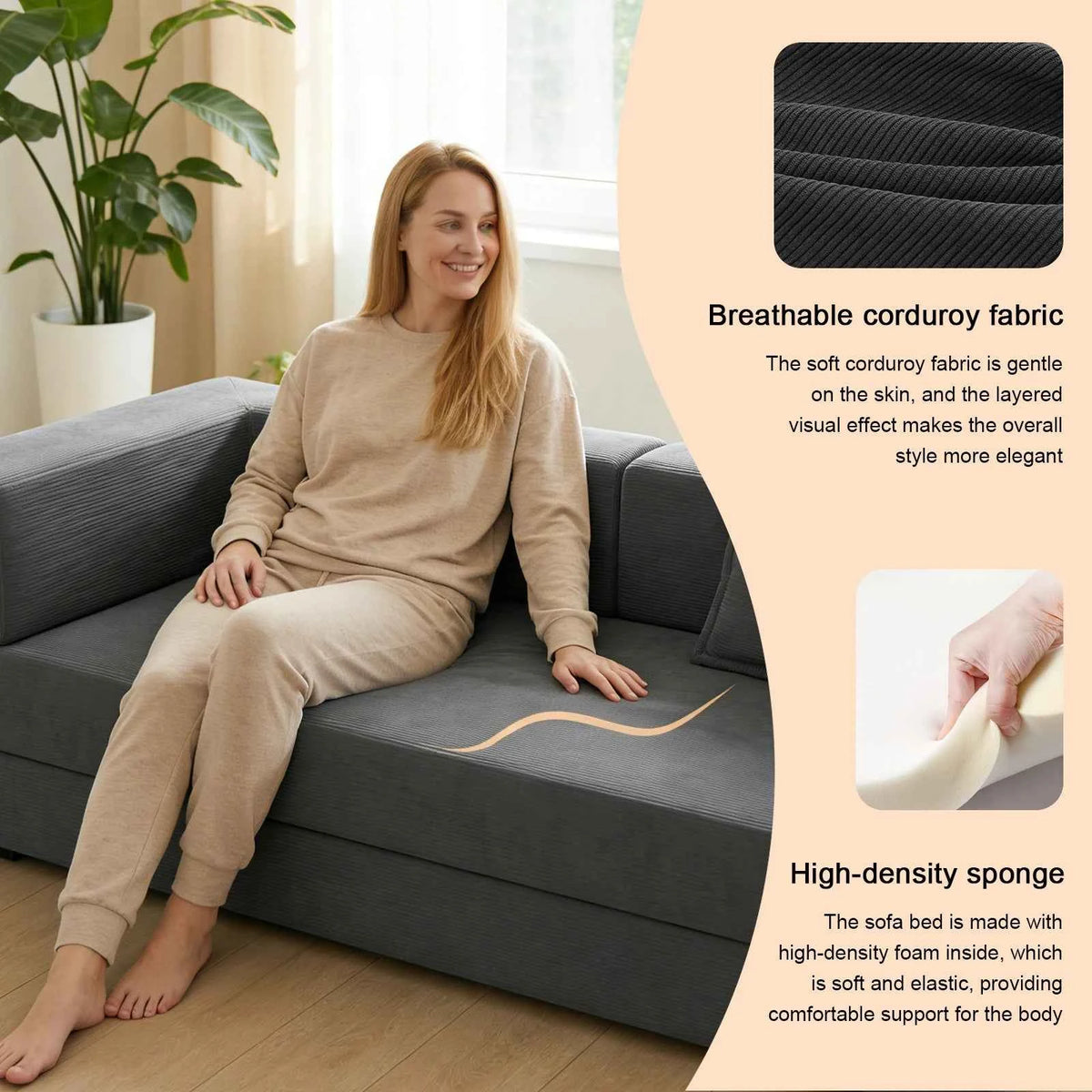 78.7" Convertible Sleeper Sofa Bed, Modular Corduroy Foldable Futon Loveseat, Compression in Box with Fixed Frame, Removable Armrests & Backrest, No Tool Assembly.