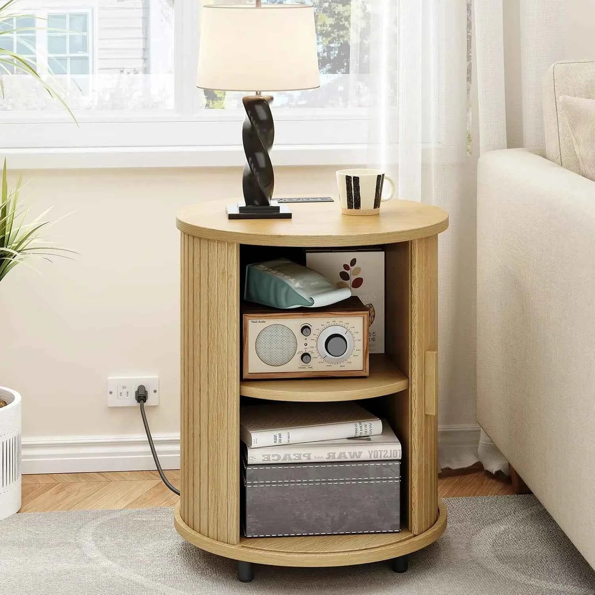 Black Small Round Side Table with Storage, Fluted Nightstand with Charging Station, Modern Bedside Tables, End Tables