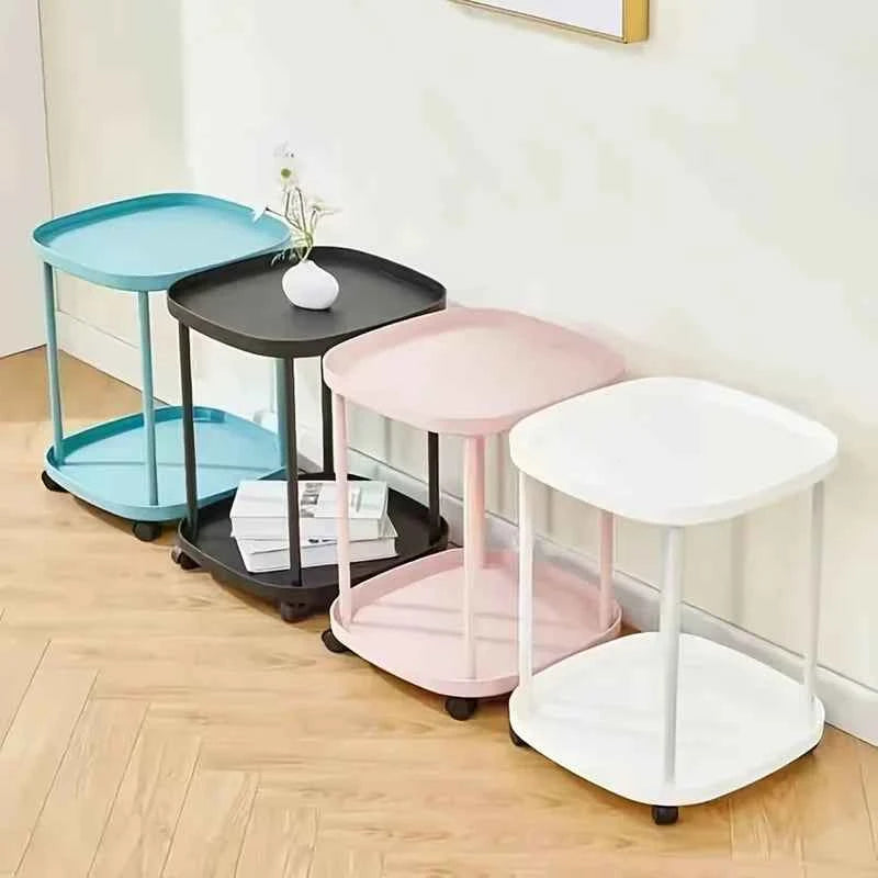 Multifunctional 2-Tier Round Side Table with Lockable Wheels, INS Style  Movable Storage Rack Cart,