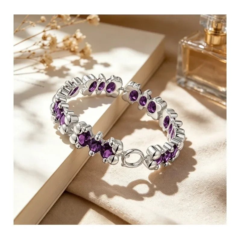 Women Silver Plated Flower Link Bracelet with Purple Crystal Fashion Jewelry