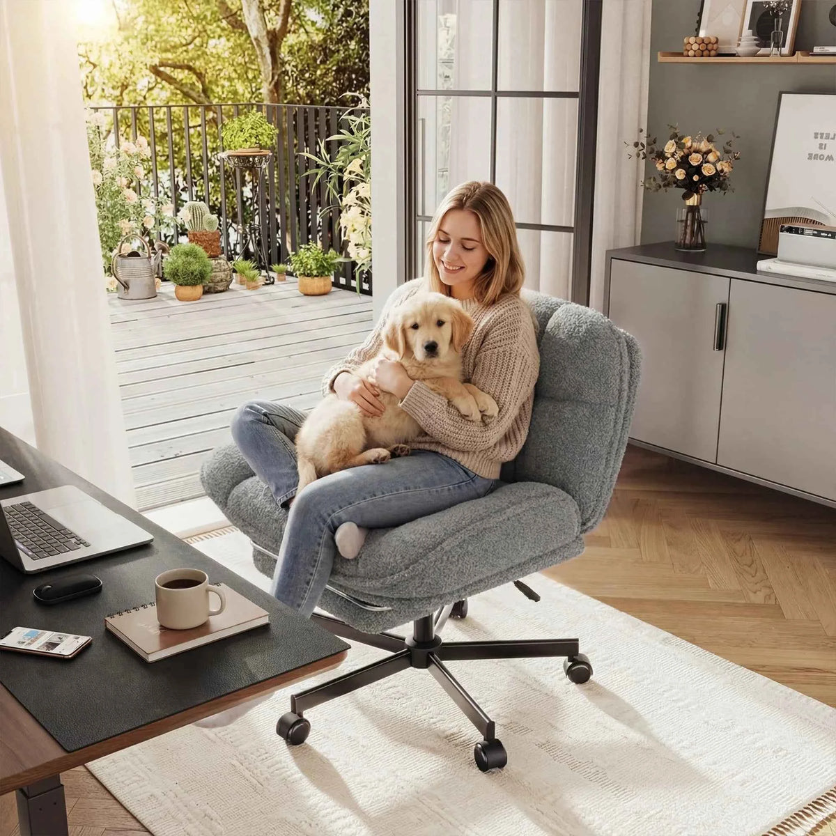Thick Cushion Leisure Chair, Teddy Plush Cross Chair, Height Adjustable Desk Chair, Rolling Computer Chair with Footrest & Reclining Backrest