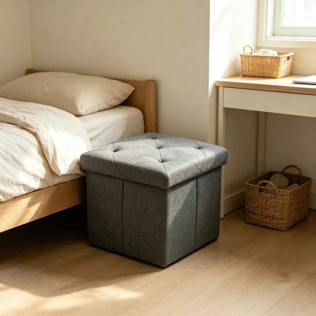 Folding Storage Ottoman Bench and Cube, Gray Tufted Fabric. Storage Chest Footrest Seat with 400 lb Capacity for Bedroom Entryway Living Room, Multiple Sizes