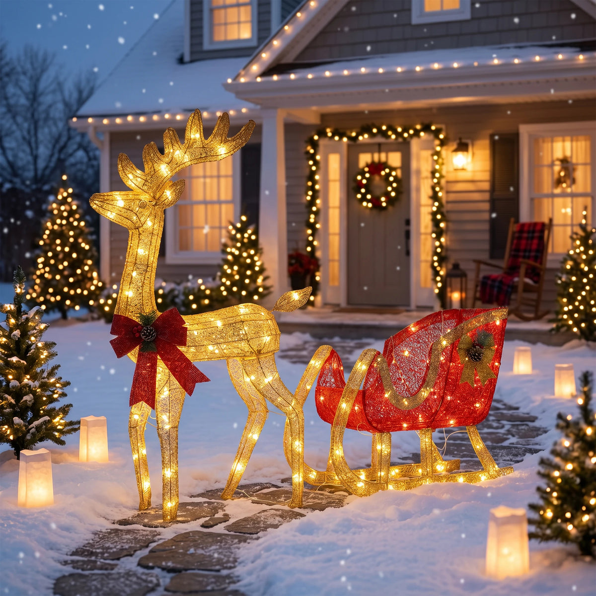 4Ft Lighted Christmas Reindeer And Sleigh Outdoor Yard Decoration Set. Pre Lit White LED Holiday Display. Outdoor Lawn or Porch  Ornament.