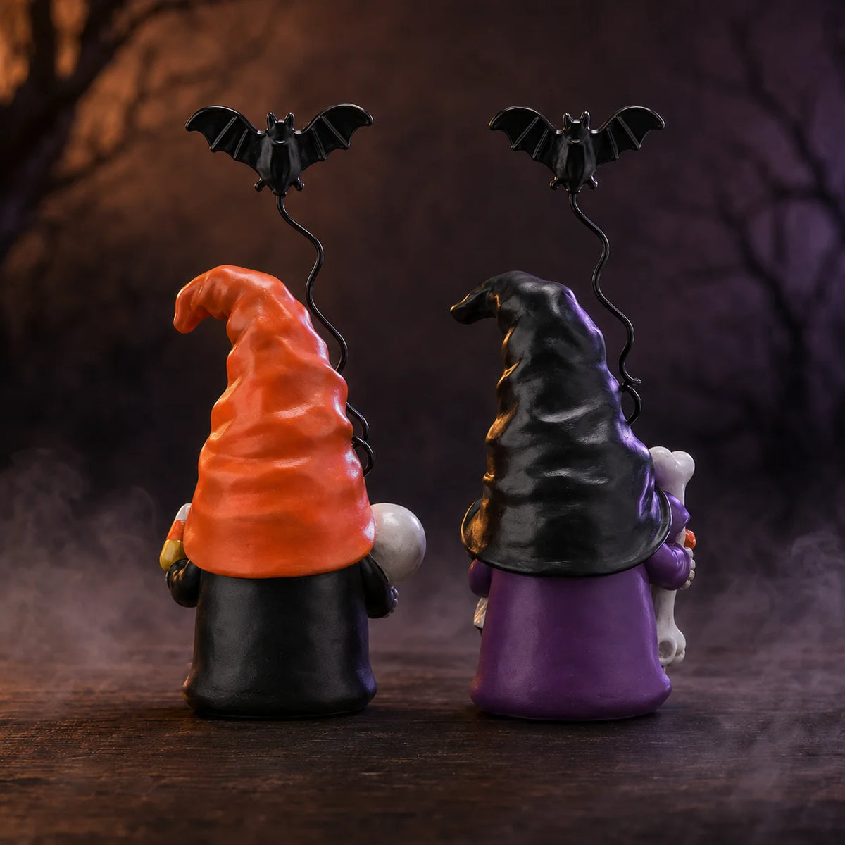 Hodao Resin Halloween Gnome Figurine Set, 2-Piece Pumpkin and Witch Gnome Decor with Spring-Loaded Flying Bat Topper, Skeleton Chest, Skull, Pumpkin and Candy Corn Details, Cute Creepy Hand-Painted Tabletop Ornament