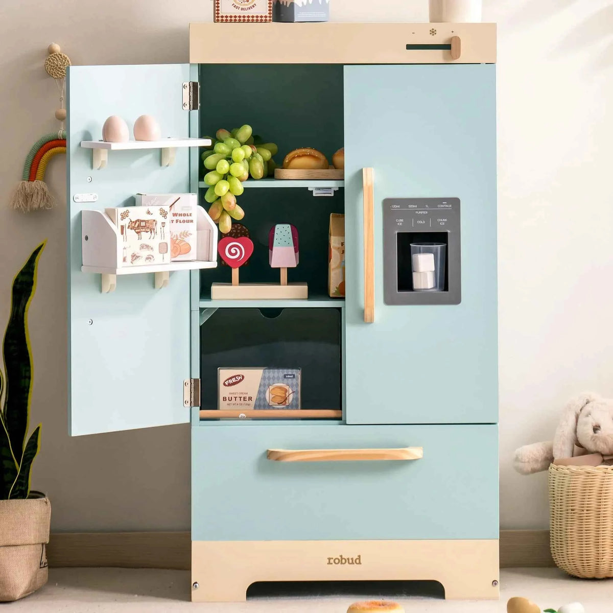 Robotime Robud Play Kitchen Fridge/ Refrigerator with Ice Dispenser. Wooden Kids Play Kitchen Playset Toy for Ages 3+, Color is Blue