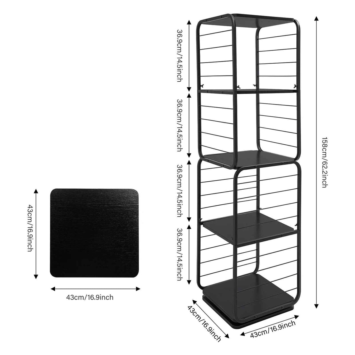 4-Shelf Steel Rotating Bookcase with 132 lbs. Capacity. 360° Swivel Display Rack,  Freestanding Storage Organizer.  Black