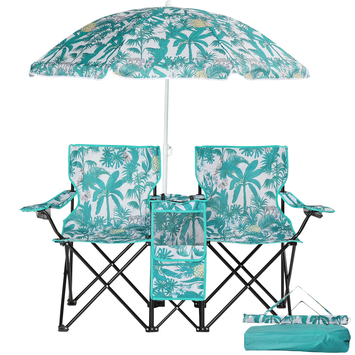 Portable Outdoor 2-Seat Folding Chair with Removable Sun Umbrella, Pineapple