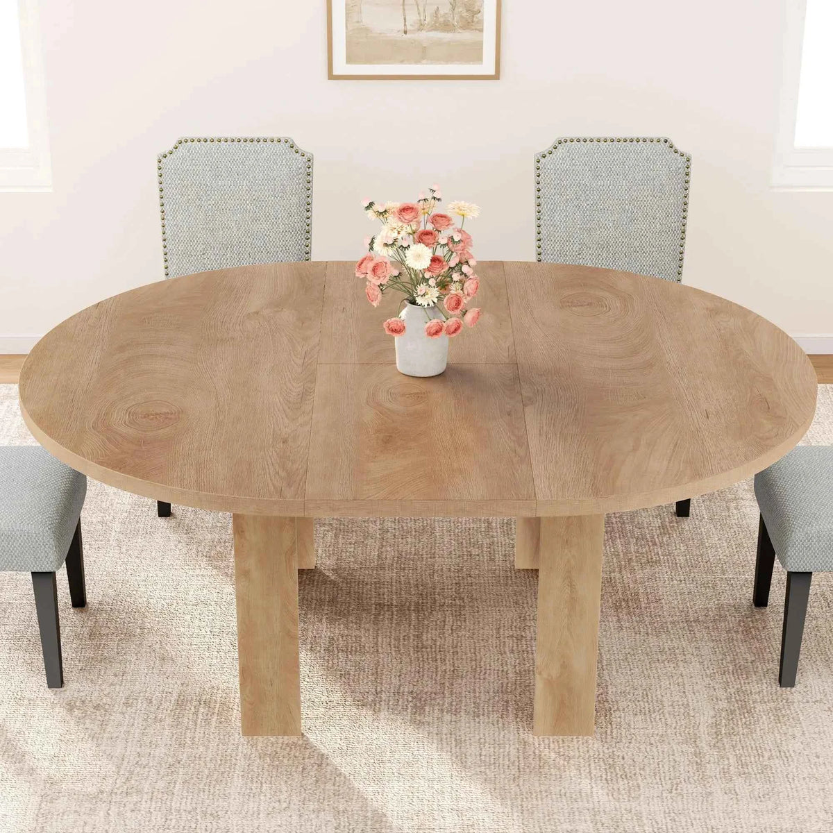 47-63 Inch Extendable Round To Oval Dining Table For 4-6, Farmhouse Kitchen Table With Hidden Leaf Storage And Sturdy Wood Legs