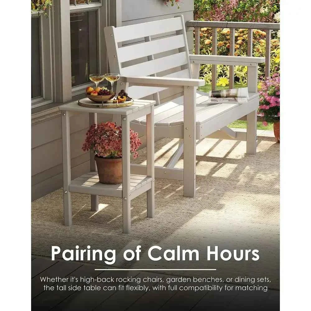 Two-Tier Outdoor Patio Side Tables, 23.5, Weather-Resistant HDPE Plastic, White, Suitable for Garden and Porch
