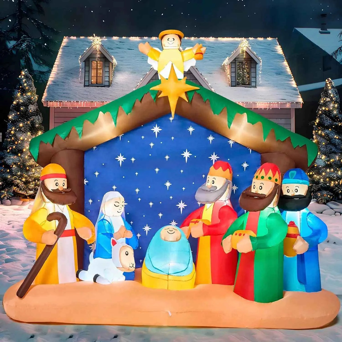 JOYFY 8 FT Long Christmas Inflatables Nativity Scene. Christmas Nativity Set with Build-in LEDs for Xmas Party. Yard Décor