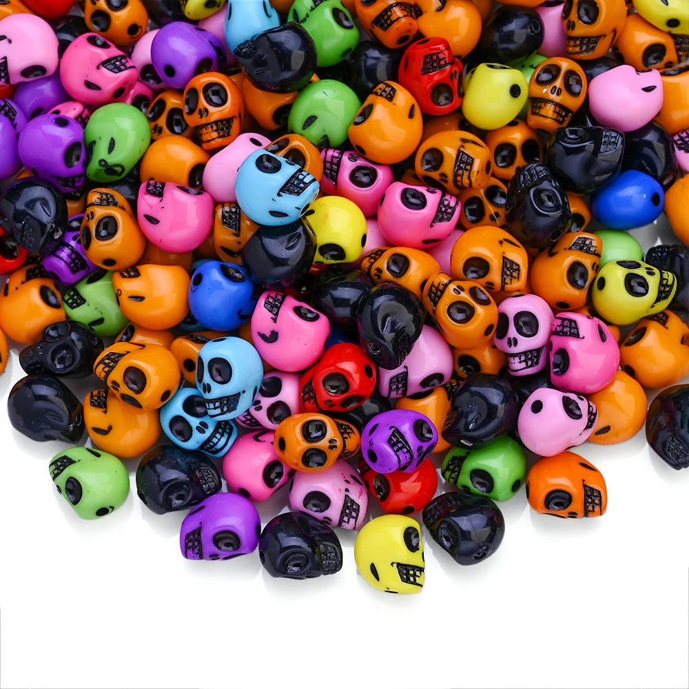 200/300Pcs Mix Coloful Skull Beads, Acrylic Loose Spacer Beads For Jewelry Making. DIY Bracelet, Necklace, Halloween Decorations Accessories 9x12mm