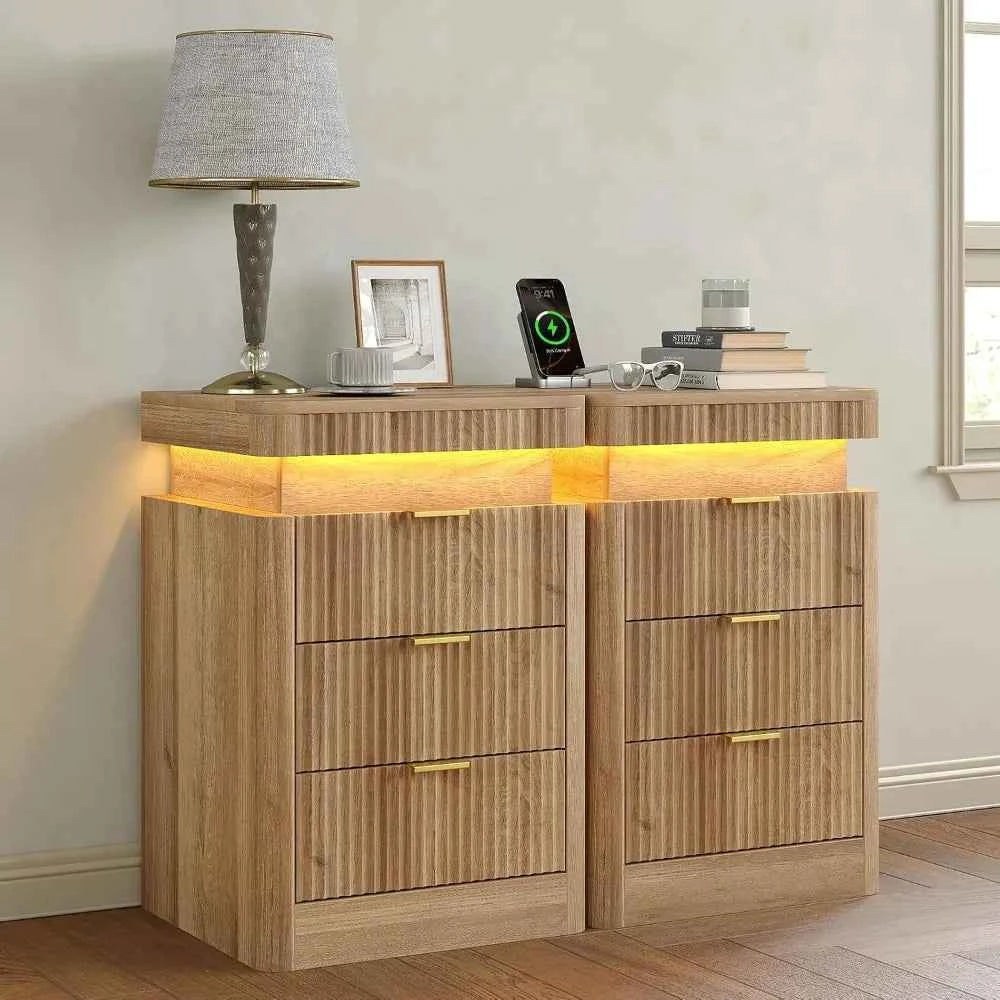 Fluted Nightstand Set of 2,3 Drawers,LED Light & Sliding Top & USB Charging Station,Bedside Table, Custom