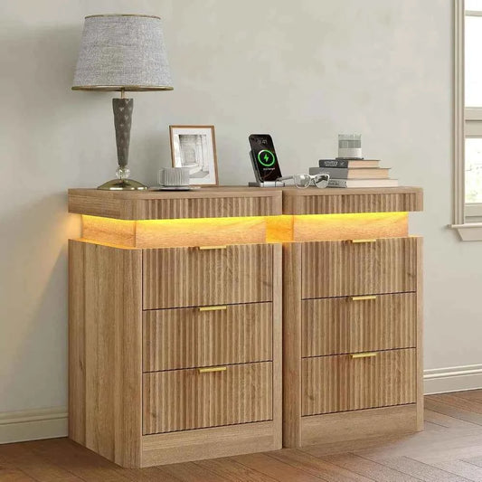Fluted Nightstand Set of 2,3 Drawers,LED Light & Sliding Top & USB Charging Station,Bedside Table, Custom