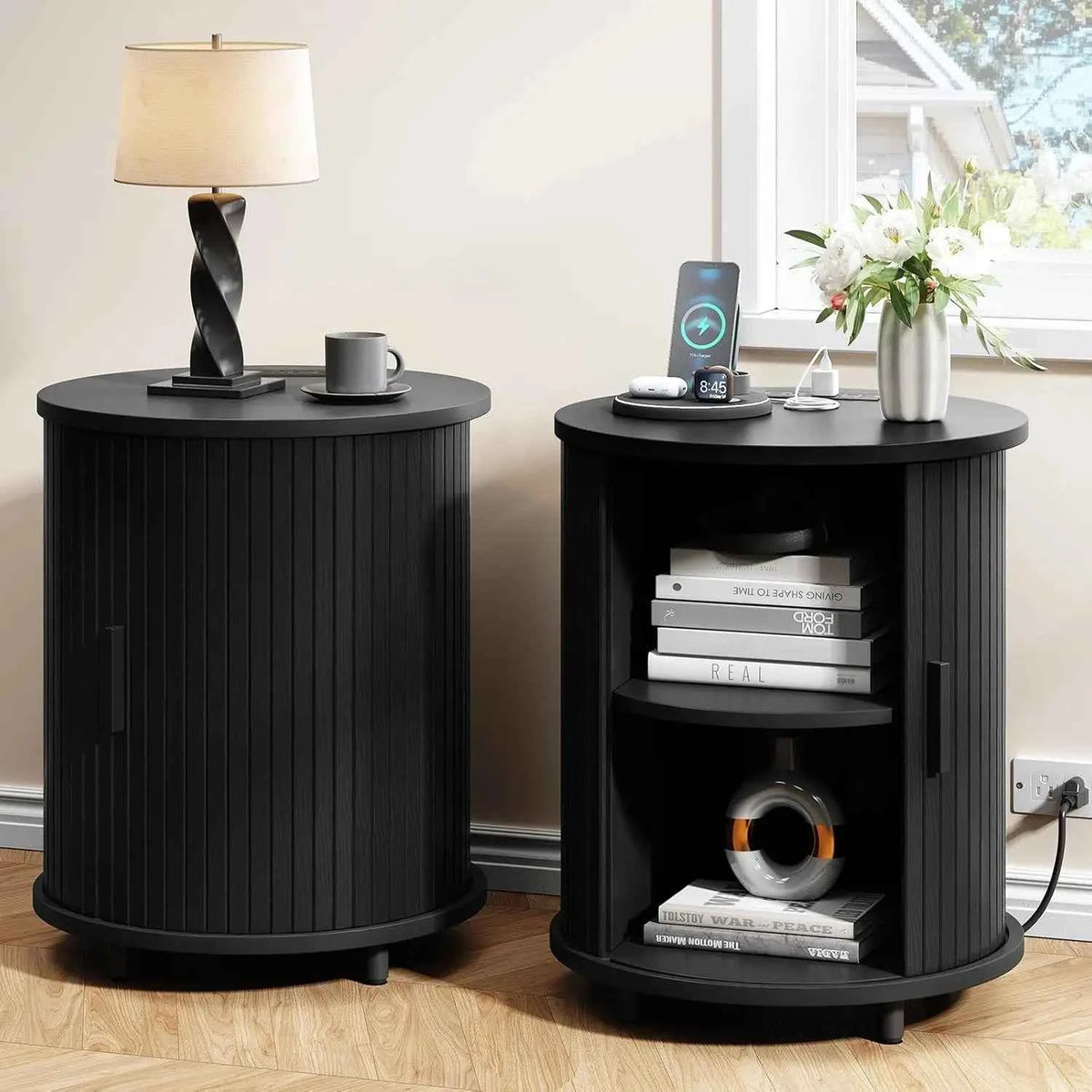 Black Small Round Side Table with Storage, Fluted Nightstand with Charging Station, Modern Bedside Tables, End Tables