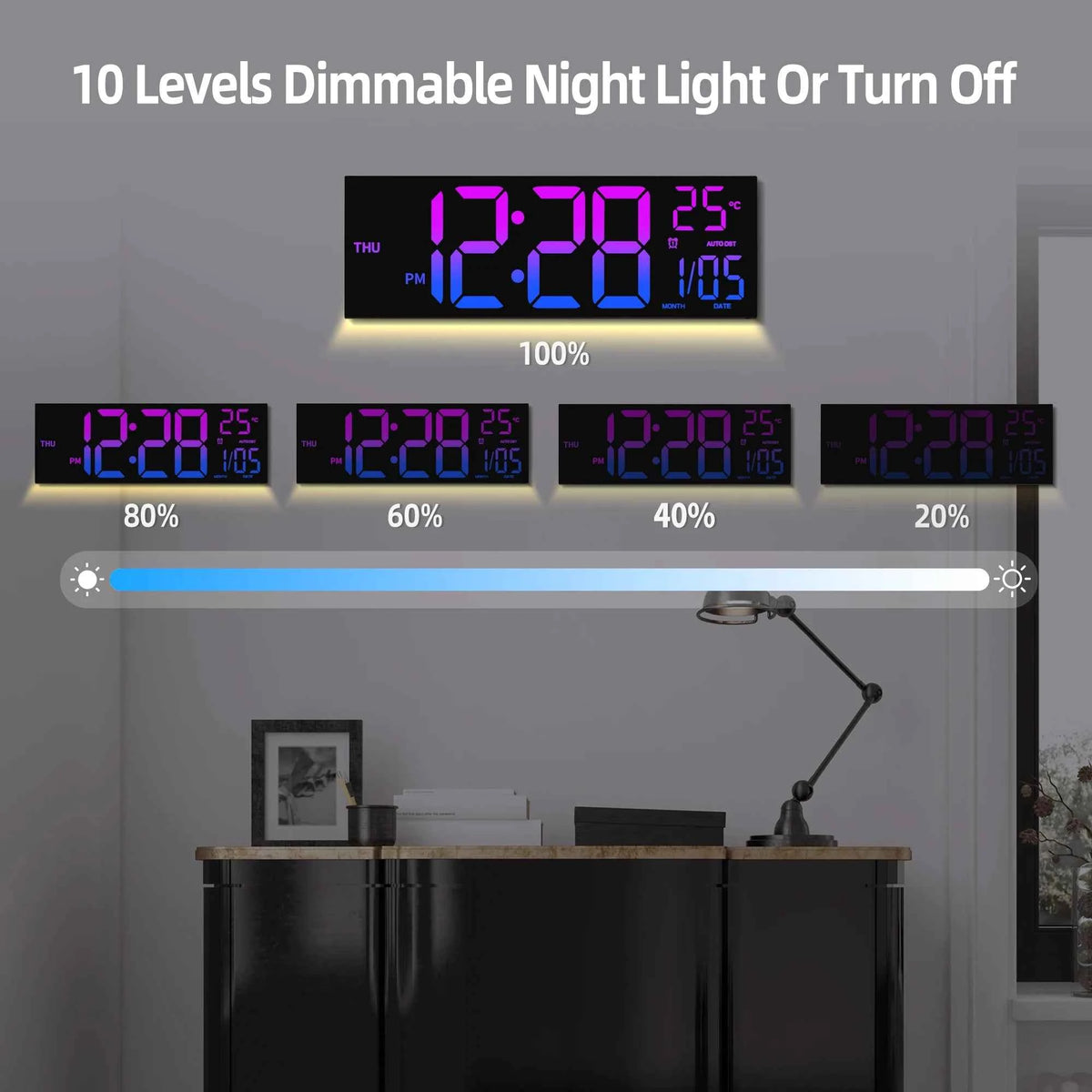 16-inch  Large Digital LED Wall Clock with Remote Control, 8 RGB Adjustable Display Colors, Built-in Alarm, Automatic Daylight Saving Time & Indoor Temperature Display,