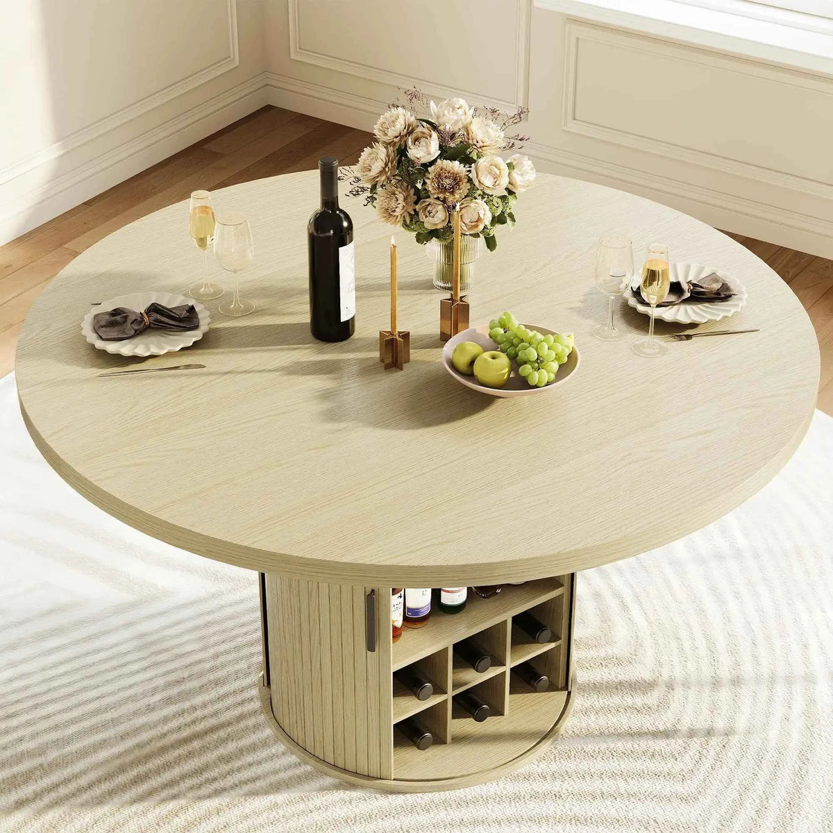 47 Inch Round Dining Table For 4-6 With Hidden Storage, 6 Bottle Wine Rack & Glass Holder, Kitchen Table For Home Dining