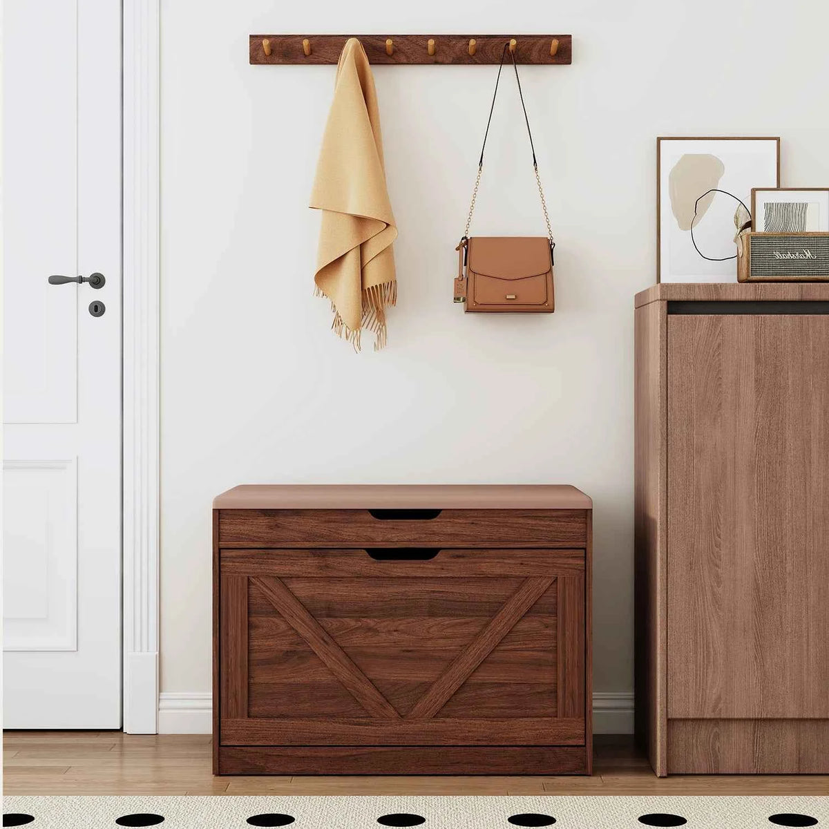 27.5" Storage Bench with Flip Drawers and Adjustable Shelf, Flip-up Cabinet & Padded Cushion - Space-Saving Shoe Cabinet, Organizer for Entryway, Hallway, Bedroom