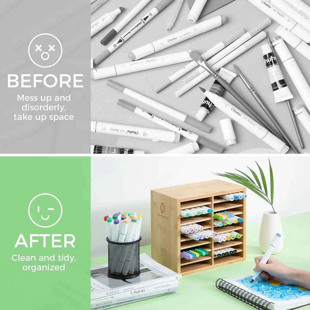 Wooden Desktop Storage Hold 126 Markers, Pens, Pencils, Art Brushes,