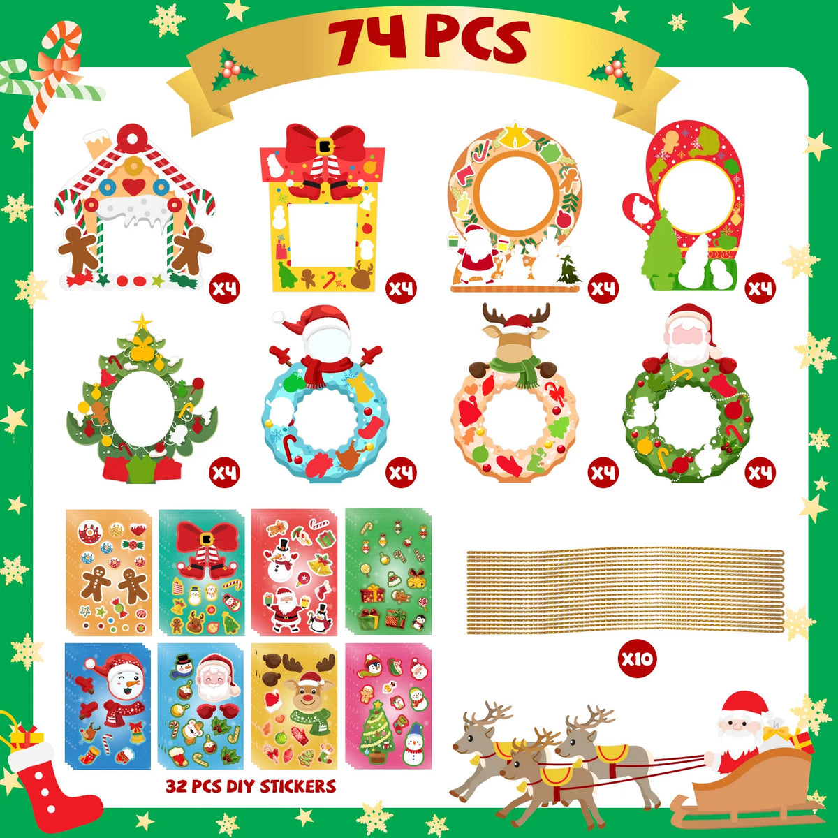 32 Pcs Christmas Photo Decorations + 32 Pcs Christmas DIY Stickers that are Christmas Themes. Stickers for Christmas Party Decorations or Christmas Eve Party Supplies