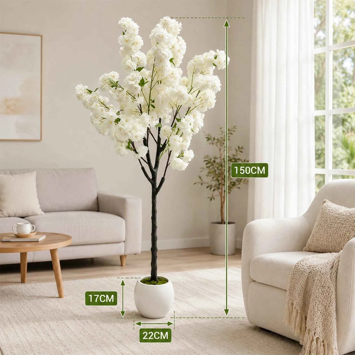 Artificial Cherry Blossom Tree, White Flower Faux Plant in Pot for Home,Office,Wedding,Garden,Party,Hotel Decoration