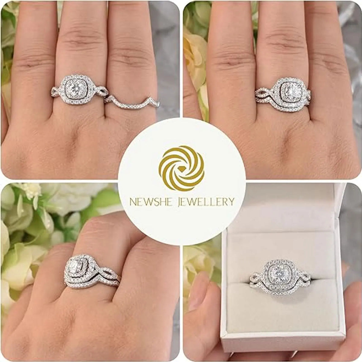Newshe 2Pcs Halo Round Cut Moissanite Wedding Ring Set for Women. Solid 925 Sterling Silver Zircons Luxury Bridal Rings