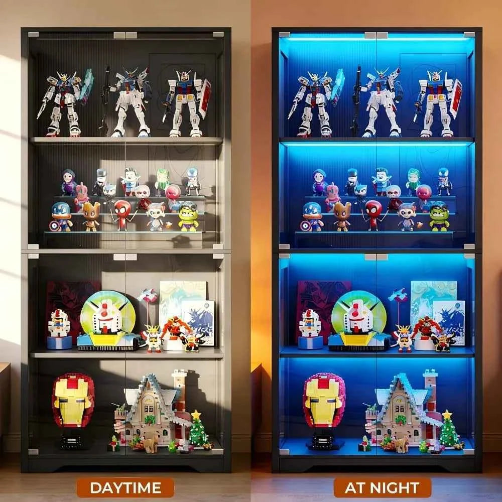 Display Cabinet with Glass Doors, Curio Cabinet with 3 LED Lights and Human Body Sensor, Bookcase with 4 Shelves, Customized