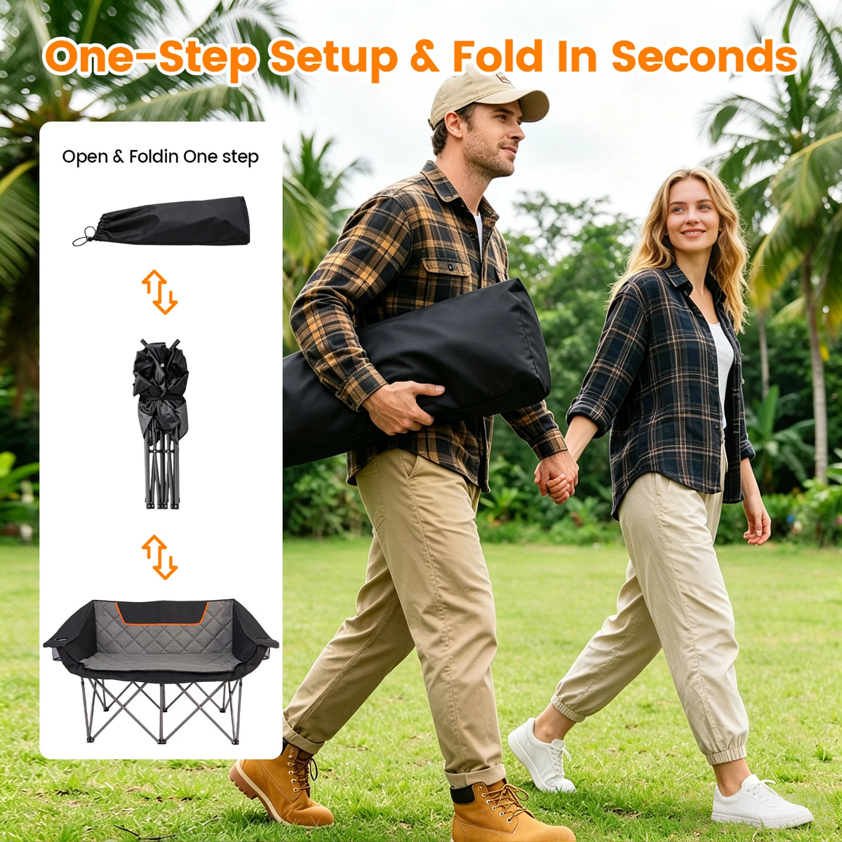 Double Folding Camping Chair, Heavy Duty Oversized 2-Person. 600D Oxford Portable Outdoor Seat with 660LBS Weight Capacity, Cup Holders, Storage Pocket, Ideal for Beach, Fishing, Picnic, Travel