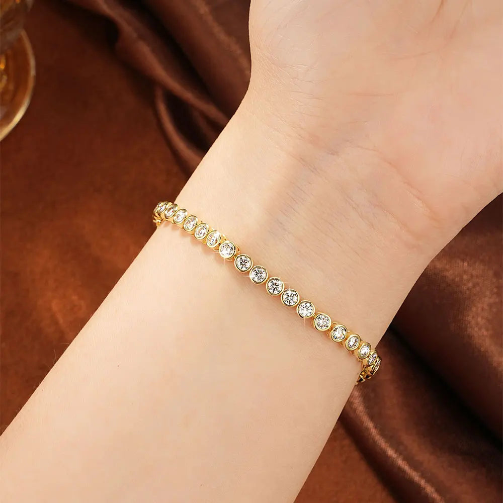 OXTAO Bezel Set Moissanite Tennis Bracelet, 14K Gold Filled D Color VVS1 Round Cut Imitation Diamond Bracelet, Gifts for Women