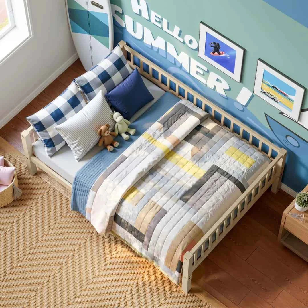 Full Size Daybed Frame with 3-Sided Guardrails, Wood Slat Support Breathable Leisure Bed for Kids Bedroom, Natural