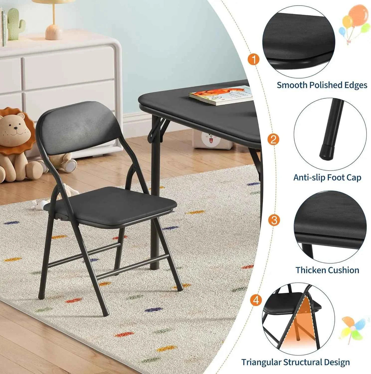 5-Piece  Kids Folding Table and Chairs Set. Upholstered Chairs, Waterproof PU Top, No Assembly, Toddler Furniture, Black