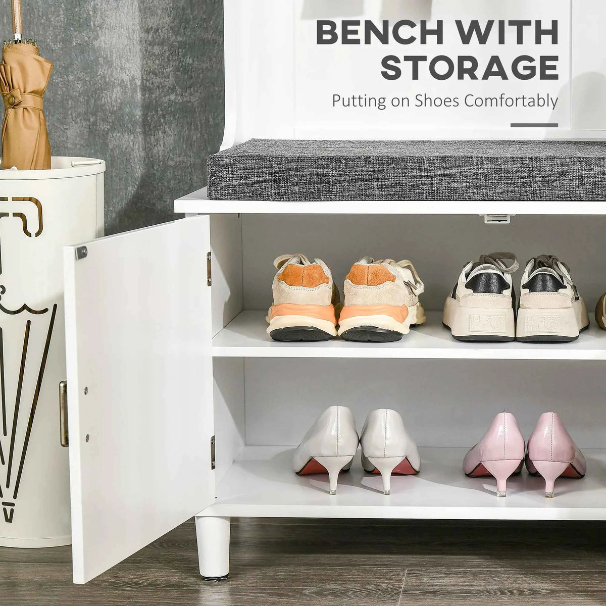 Storage Shelves, and Drawers with Coat Tree for Entryway, Hallway,  Mudroom, White