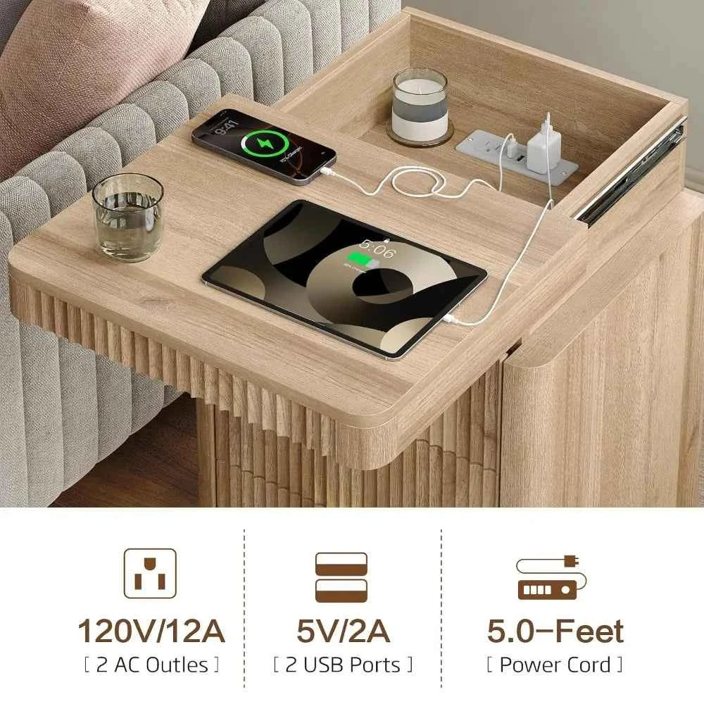Fluted Nightstand Set of 2,3 Drawers,LED Light & Sliding Top & USB Charging Station,Bedside Table, Custom