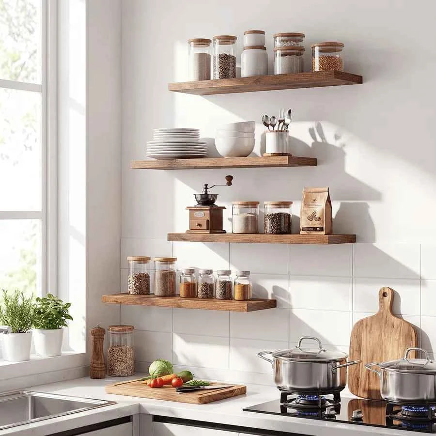 Rustic Brown Farmhouse Floating Wall Mounted Shelves. 4 Pack 15.8 Inch  Shelves. Set With Invisible Brackets for Heavy Duty Storage.