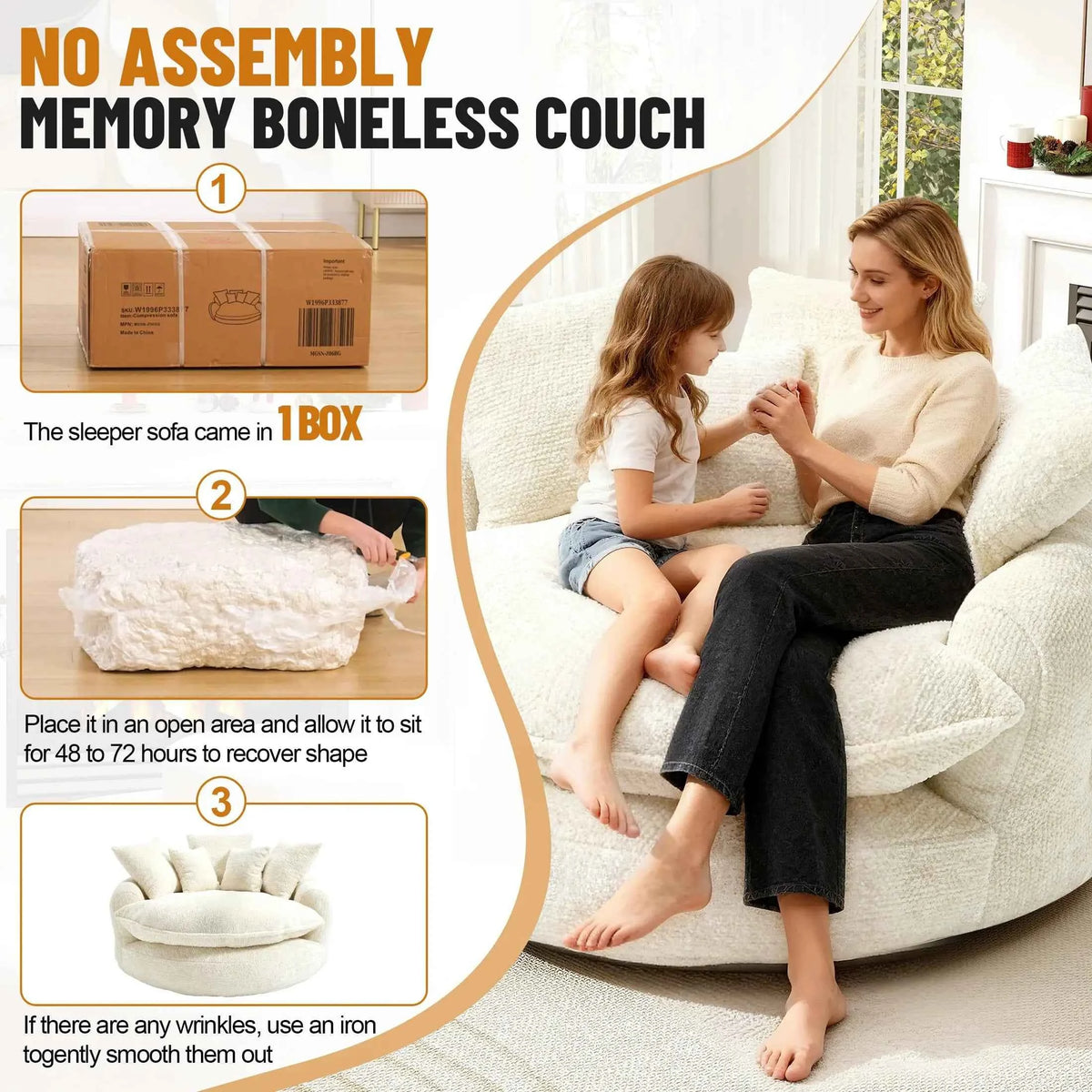 54.3" Round Chaise Lounge Chair, Modern Upholstered Boneless Couch with 5 Throw Pillows and Deep Seat