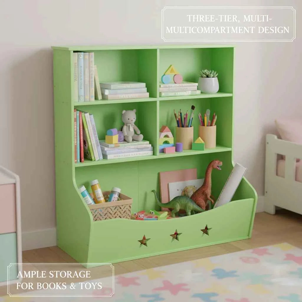 3-Layer Light Green PVC Board Kids Bookcase, Children's Open Shelf Storage for Bedroom or Playroom, Star Pattern 3-Tier Book Display with Bottom Space, Anti-Tip Freestanding Book Shelf for Home, 79x36.5x82.5cm