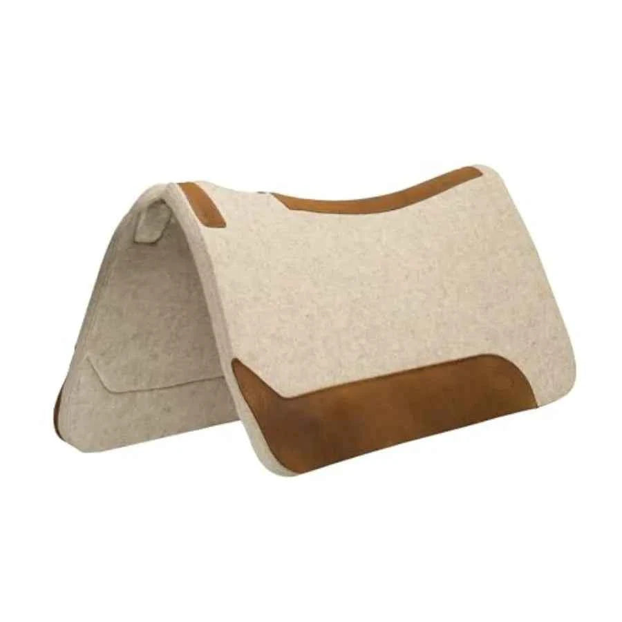 Western saddle pad for horse protection. Contoured wool blend felt, tan, shock absorbing and durable.