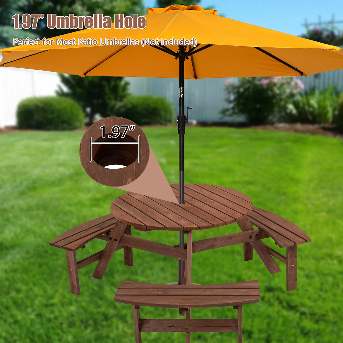 Solid Wood Round Outdoor Picnic Table with 3 Curved Benches, Weatherproof Wooden, Outdoor Patio Dining Furniture with Umbrella Hole. Weather Resistant Patio Dining Furniture Set for Garden, Backyard, or Deck