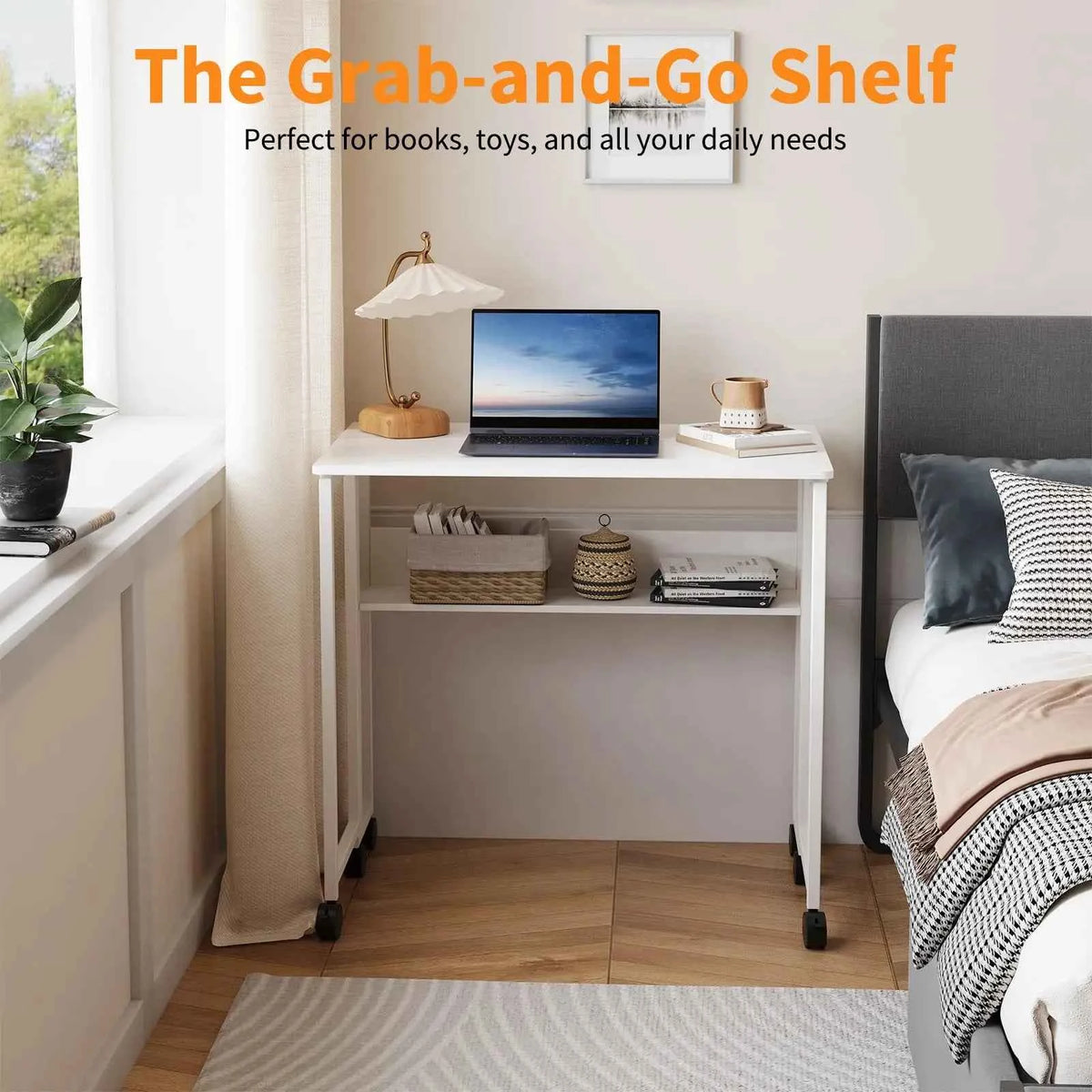 Folding Desk with Storage Shelf on Wheels. Space Saving Computer Desk, Easy Assembly, for Home, Office, & Small Space