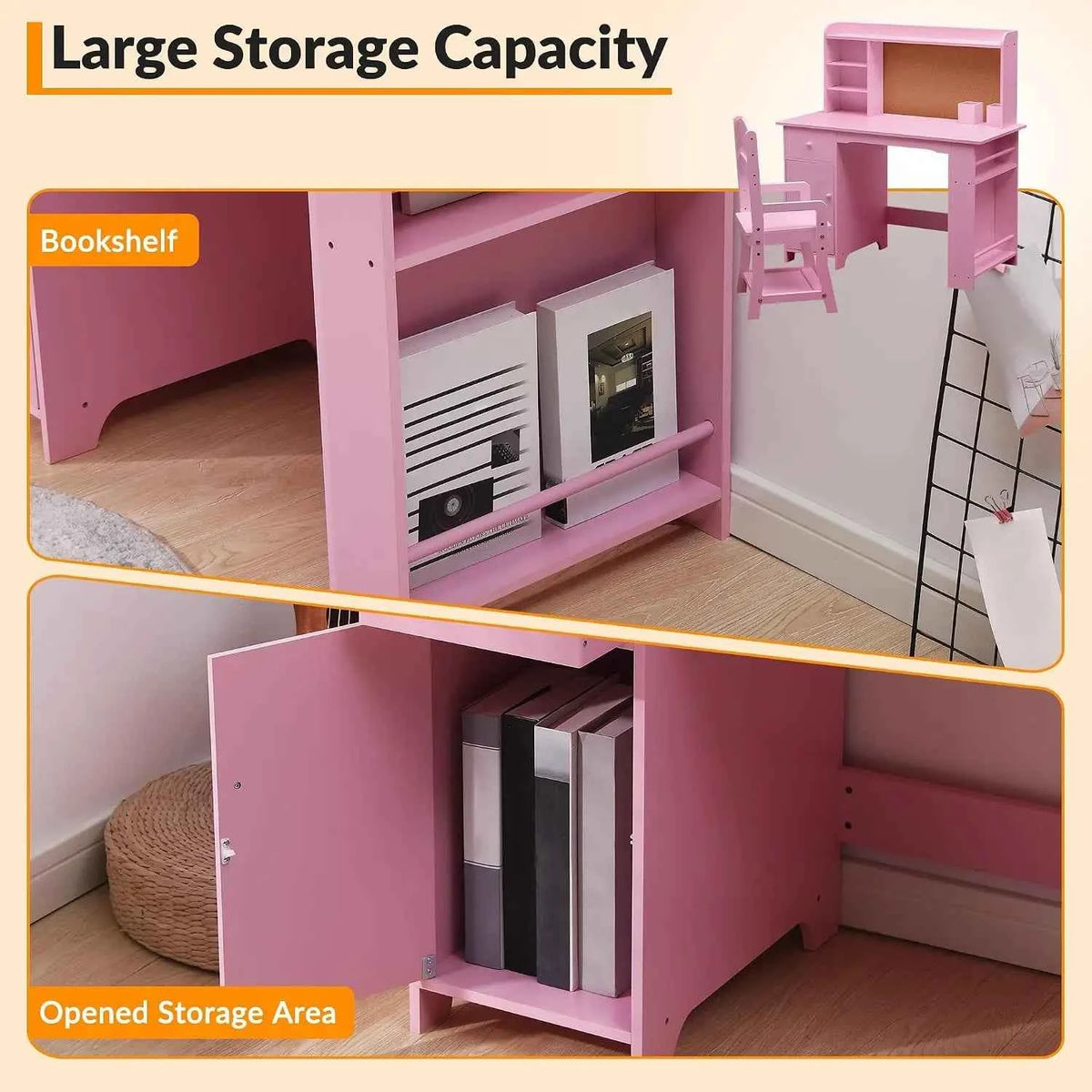 Kids Desk and Chair Set, Wooden Study Table with Bookshelf, Bulletin Board, Storage Shelf, Cabinet & Drawer,  Desk for Ages 3-8, Pink