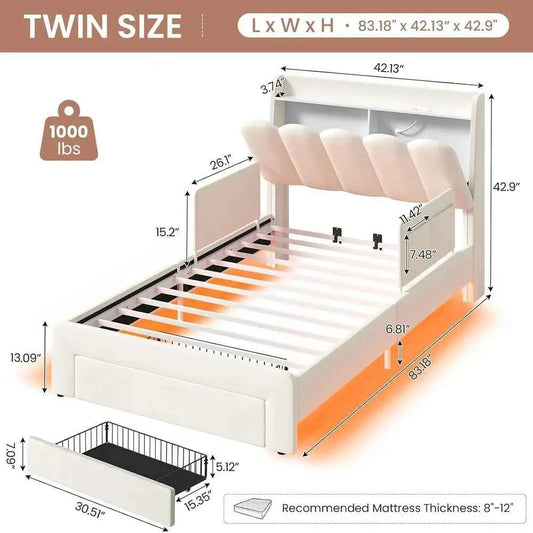 DICTAC Twin Size LED Bed with Storage Drawer and Safety Guardrails, Velvet Upholstered Platform Bed with Chic Wavy Storage headboard