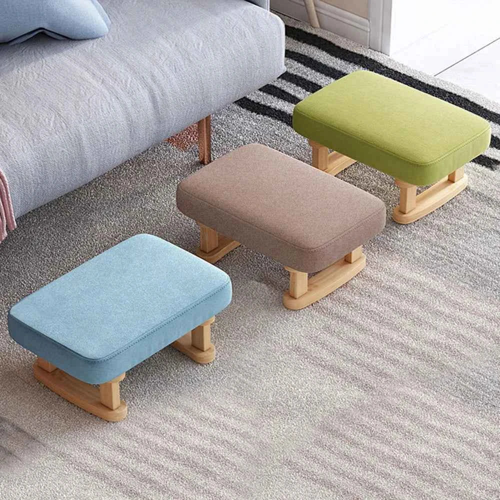 Solid Wood Rocking Footstool with Linen Upholstered Padded Ottoman. Portable.  Small Shoe Changing Bench. Low Foot Rest Stool.