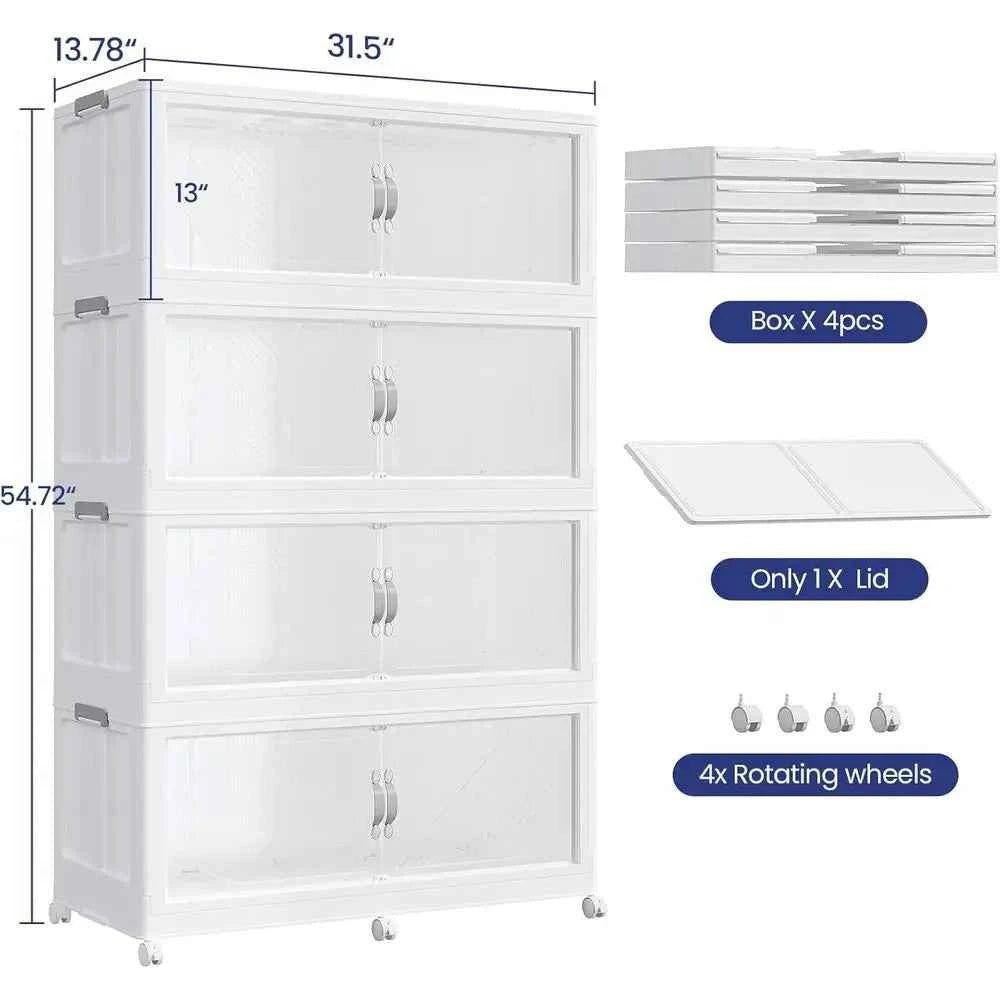 Extra Large Stackable Storage Bins with Lid, Wheels, and Collapsible Closet Organizers, 4-Pack White
