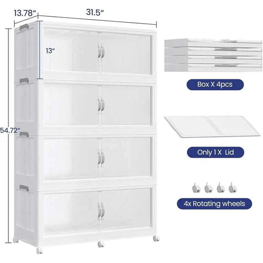 Extra Large Stackable Storage Bins with Lid, Wheels, and Collapsible Closet Organizers, 4-Pack White